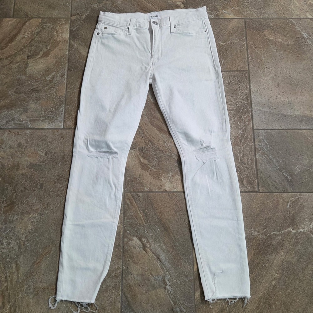 Hudson Womens White Distressed Skinny Jeans Raw Hem Shredded Knee‎ Size 27